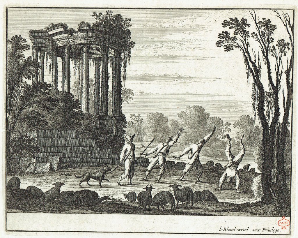 Caprices et caprioles. Eau forte et burin de Le Blond. XVIIe siècle, papier vergé. Marque de collection à l'encre rouge de Gar (XVIIIe siècle)..