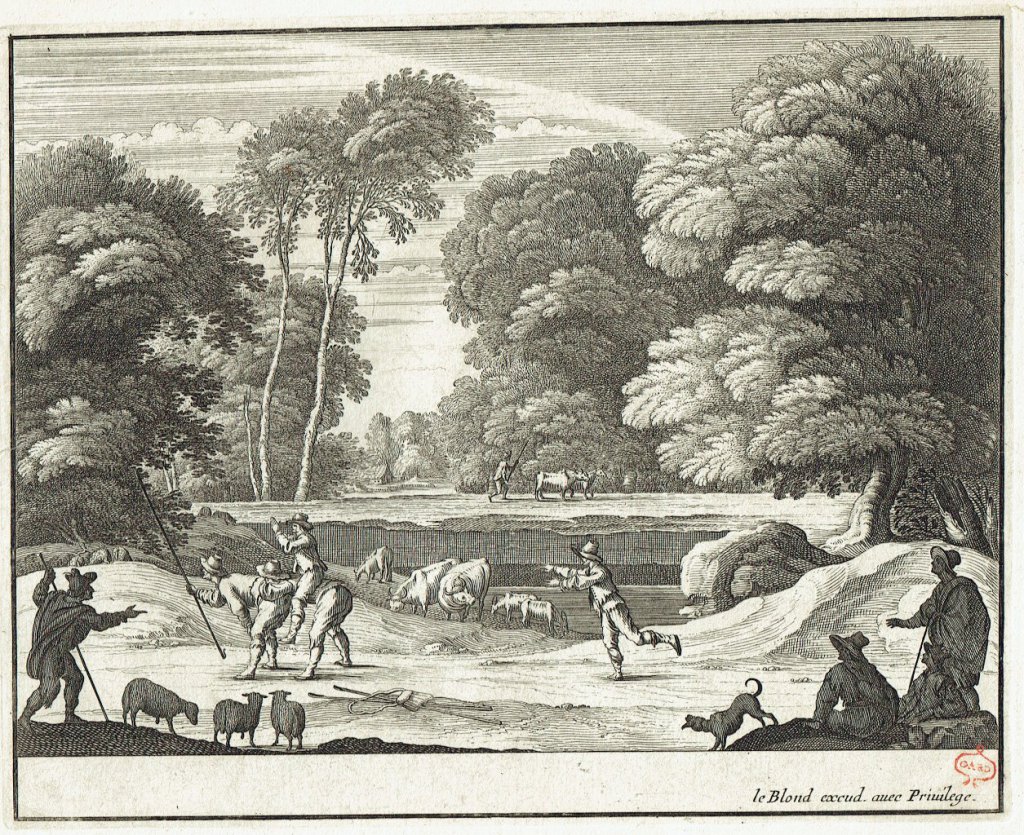 On joue à Saute-moutons. Eau forte et burin de Le Blond. XVIIe siècle, papier vergé. Marque de collection à l'encre rouge de Gar (XVIIIe siècle).