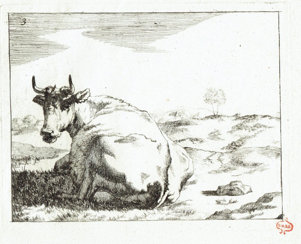 Vache couchée. Marc de Bye d'après P. Potter. 17e siècle. Papier vergé, marque de collection Gard (XVIIIe siècle).
27,5 x 21,5 cm